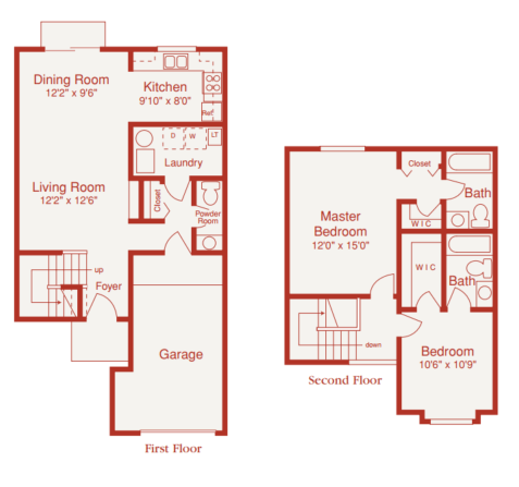 Floor plan for 2 beds, 2.5 baths, 1200 sqft